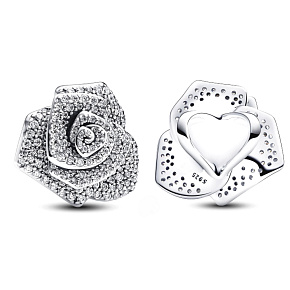 Charme Sterling Silber 925 Rose in Blüte groß, Perle auf Armband Natur