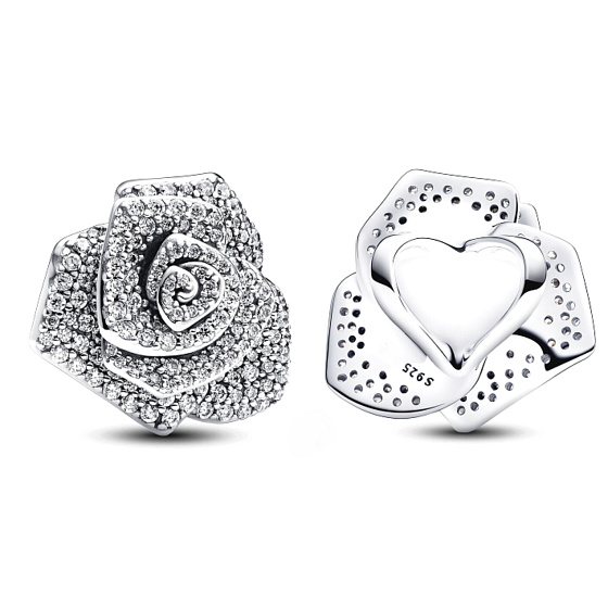 Charme Sterling Silber 925 Rose in Blüte groß, Perle auf Armband Natur