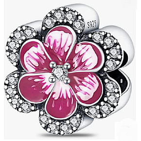 Charme Sterling Silber 925 Rosa Blume, Stiefmütterchen, Perle am Armband Natur
