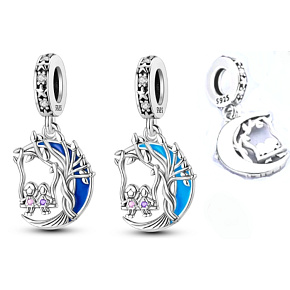 Charm Sterling Silber 925 Luminous - Familienwurzeln, zwei Schwestern und eine Mondsichel, die im Dunkeln leuchtet, wechselnde Farben, Familienarmband-Anhänger