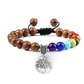 Chakra-Armband Baum des Lebens + Holz, handgestrickt, größenverstellbar, Kugel 8 mm