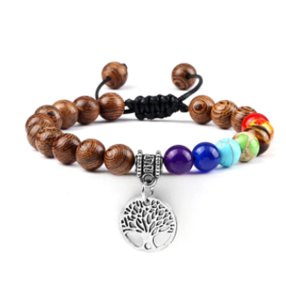 Chakra-Armband Baum des Lebens + Holz, handgestrickt, größenverstellbar, Kugel 8 mm