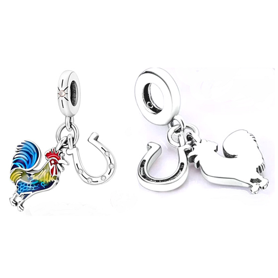Charm Sterlingsilber 925 Hahn und Hufeisen 2-in-1, Anhänger für Armband Tier