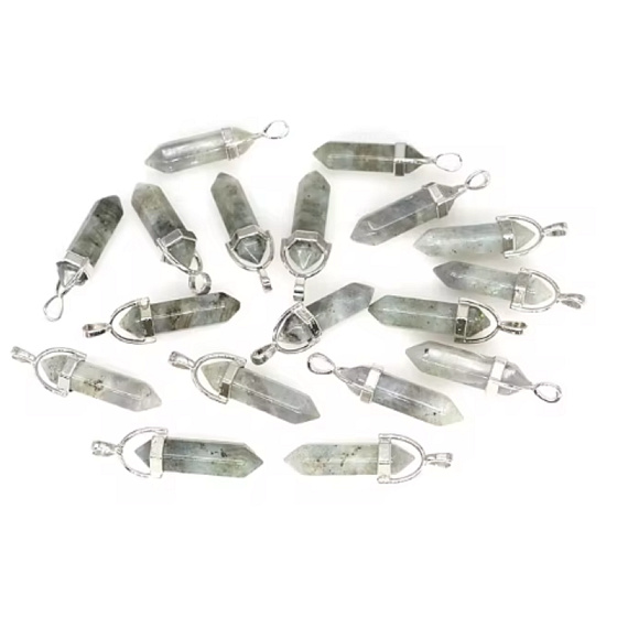 Labradorit hell Pendel Hexagon Anhänger Naturstein 41 x 13 mm, handgeschnitzt, Stein der Verwandlung