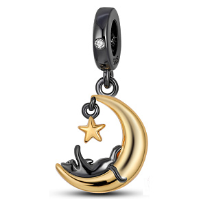 Sterling Silber 925 Katze auf dem Mond - das verspielte Wesen eines katzenartigen Begleiters, Haustier-Armband-Anhänger