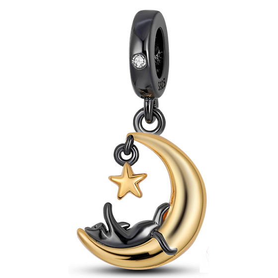 Sterling Silber 925 Katze auf dem Mond - das verspielte Wesen eines katzenartigen Begleiters, Haustier-Armband-Anhänger