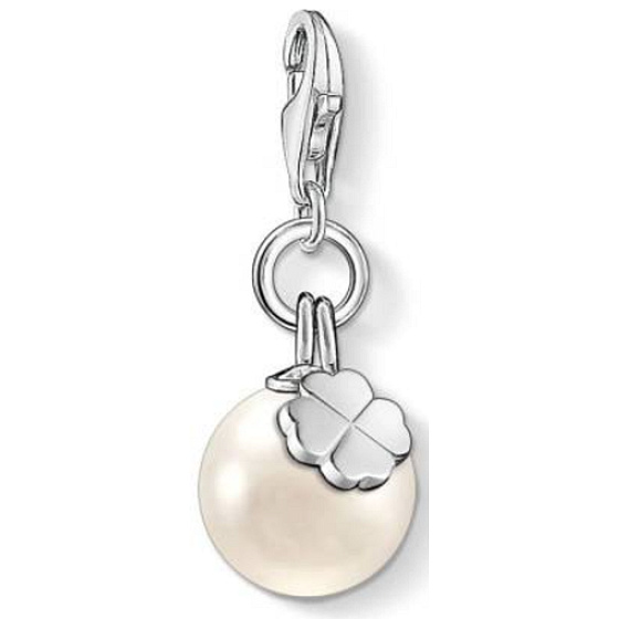 Charm Sterling Silber 925 Perle mit vierblättrigem Kleeblatt, Karabinerverschluss, Armband Anhänger Symbol