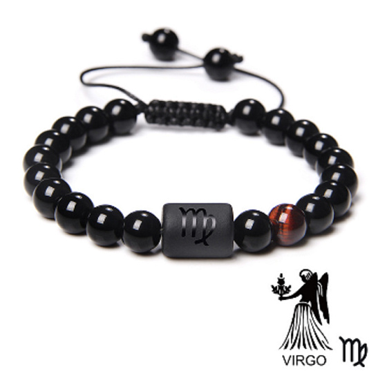 Onyx Sternzeichen Jungfrau, Natursteinarmband, 8mm Kugel/ verstellbare Größe, Stein der Lebenskraft