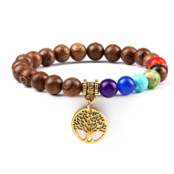 Chakra-Armband Lebensbaum + Holz, elastisch, Kugel 8 mm / 16 - 17 cm