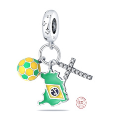 Charm Sterlingsilber 925 Brasilien Flagge - schwingende Karte, Fußball, 3-in-1 Anhänger für Armband Reisen