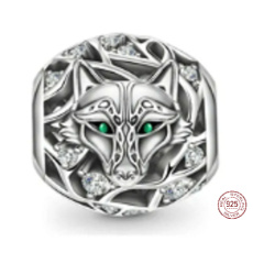 Charm Sterlingsilber 925 Wolf, grüne Augen, Perle für Armband Tier