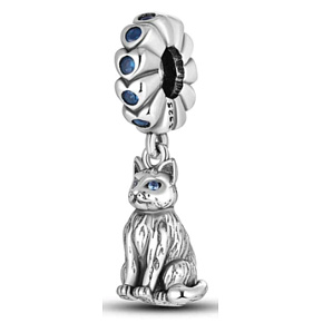 Charms Sterling Silber 925 Katze mit schönen blauen Augen, Tierarmband Anhänger