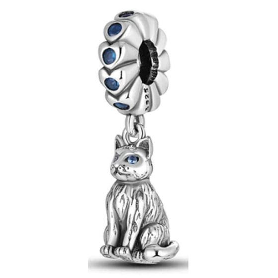 Charms Sterling Silber 925 Katze mit schönen blauen Augen, Tierarmband Anhänger