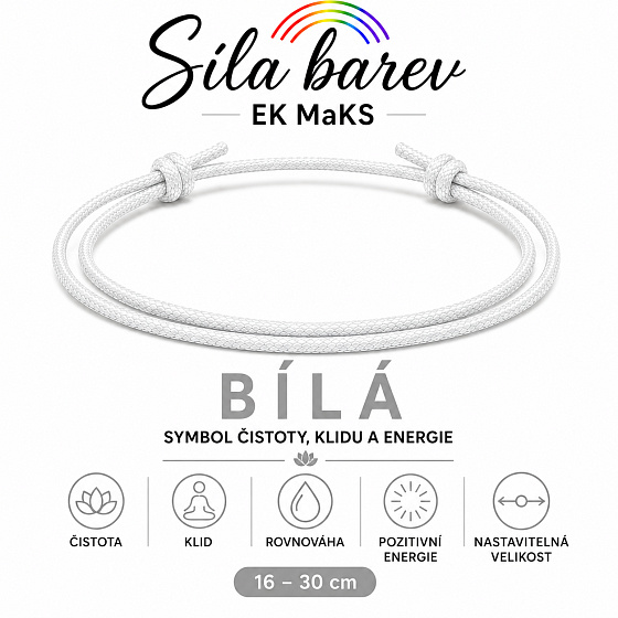Šňůrkový náramek Síla barev – Bílá | Symbol čistoty, klidu a energie | nastavitelný, 16 - 30 cm