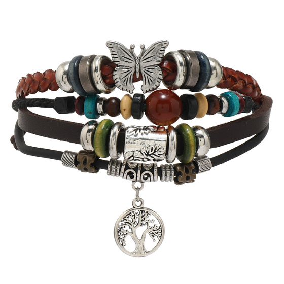 Mehrschichtiges Lederarmband, Symbol Baum des Lebens + Schmetterling, größenverstellbar