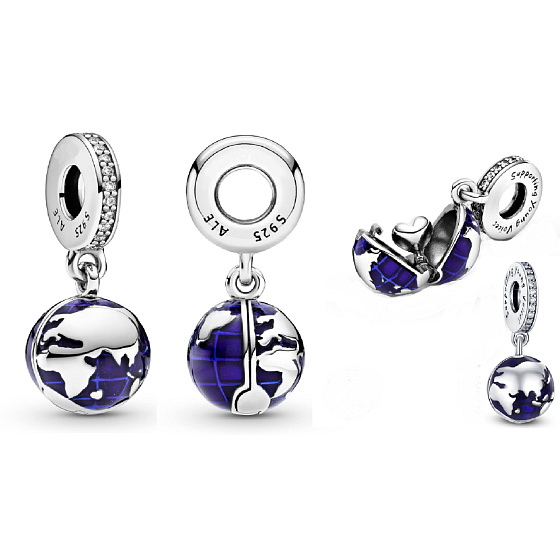 Charm Sterlingsilber 925 Planet Erde - Blauer Planet, 2-in-1 öffnend, innen Herz, Anhänger für Armband Weltraum