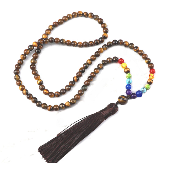 108 Mala 7 Chakra Halskette, Tigerauge Meditationsschmuck, Naturstein, geknotete Quaste 8 cm, Perle 6 mm