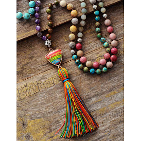 108 Mala 7 Chakra Halskette, Meditationsschmuck, Naturstein, elastisch, Quaste 8 cm, Perle 6+8 mm