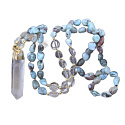 108 Mala Larimar Halskette Meditationsschmuck, Naturstein Rohkristall, Nugget 6 - 9 mm, Anhänger 8 - 15 x 45 - 70 mm