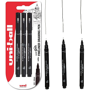 Uni Pin Zeichenstift-Set mit Spezialtinte 0,1/0,3/0,5 mm Schwarz 3 Stück