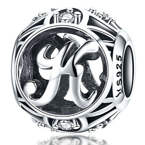 Sterling Silber 925 Magic Alphabet Buchstabe K mit Blumen, Perle für Armband