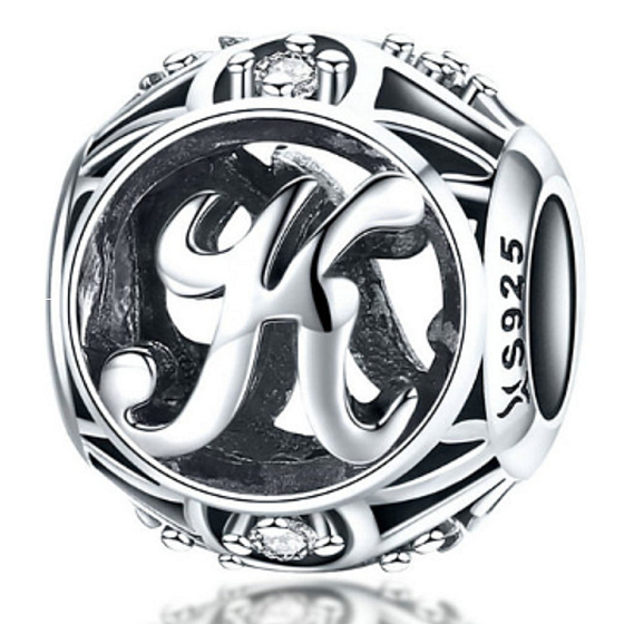 Sterling Silber 925 Magic Alphabet Buchstabe K mit Blumen, Perle für Armband