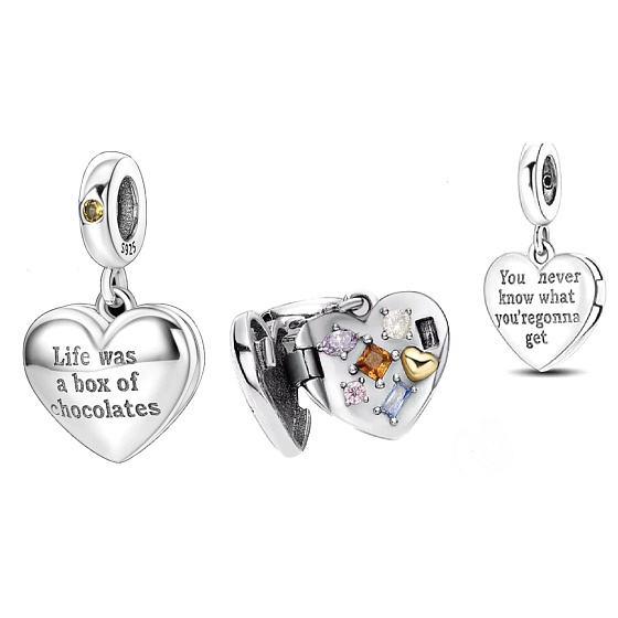 Sterling Silber 925 You never know what you're going to get - herzförmige Pralinenschachtel, Bonbondose, aufklappbarer Geburtstagsarmband-Anhänger