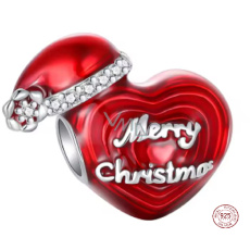 Charm Sterlingové stříbro 925 Vánoční srdce - Merry Christmas s čepičkou, korálek na náramek vánoce Charm Sterlingové stříbro 925 Vánoční srdce - Merry Christmas s čepičkou, korálek na náramek vánoce