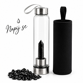 Skleněná krystalová láhev na vodu Napij se ochrany – Přírodní obsidiánová špice | 550 ml Skleněná krystalová láhev na vodu Napij se ochrany – Přírodní obsidiánová špice | 550 ml