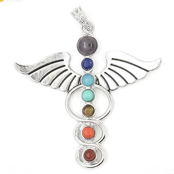 7 Chakren Energie-Anhänger - Engel Symbol Naturperlen 5,5 cm