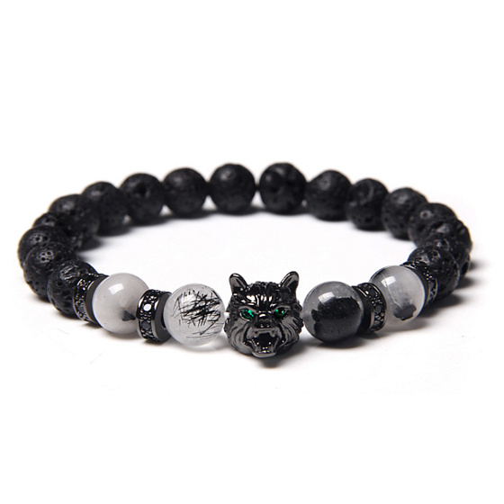Lava + Kristall + Kristall mit Turmalin + Wolfskopf Armband elastischer Naturstein, Kugel 8 mm / 21 cm
