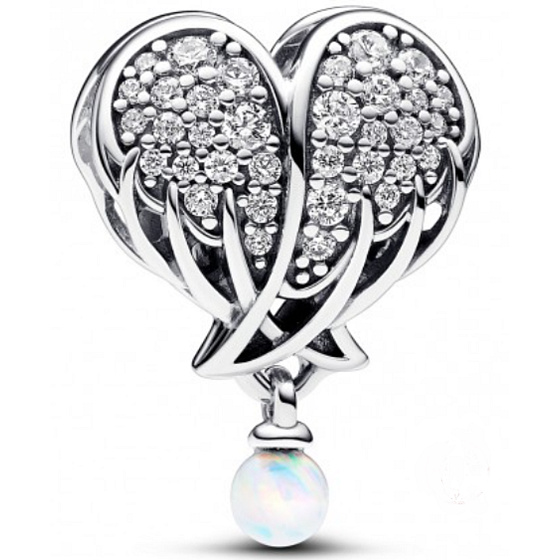 Charms Sterling Silber 925 Funkelnde Engelsflügel als Herz, Perle am Armband Symbol