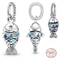 Sterling Silber 925 Blauer schuppiger Fisch, Tierarmband-Anhänger