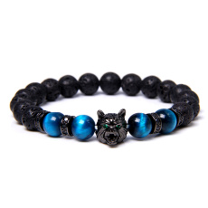 Lava + Tigerauge hellblau + Wolfskopf Armband elastisch Naturstein, Kugel 8 mm / 21 cm