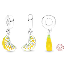 Sterling Silber 925 Glitzernde Zitronenscheiben, Anhänger für Armband, Essen und Trinken
