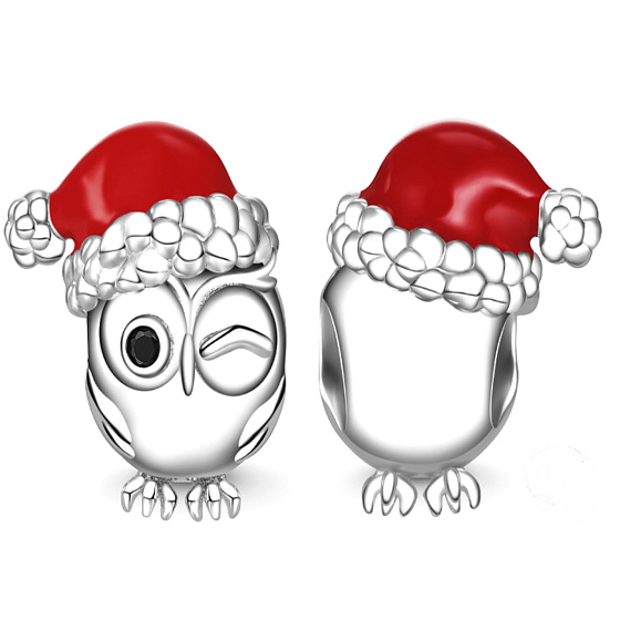 Charms Sterling Silber 925 Eule mit Weihnachtsmannmütze, Perle für Armband Weihnachten