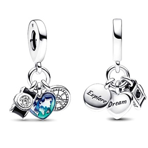 Charm Sterling Silber 925 Weltkarte in Herz, Kompass, Kamera 3in1, Reise-Armband-Anhänger