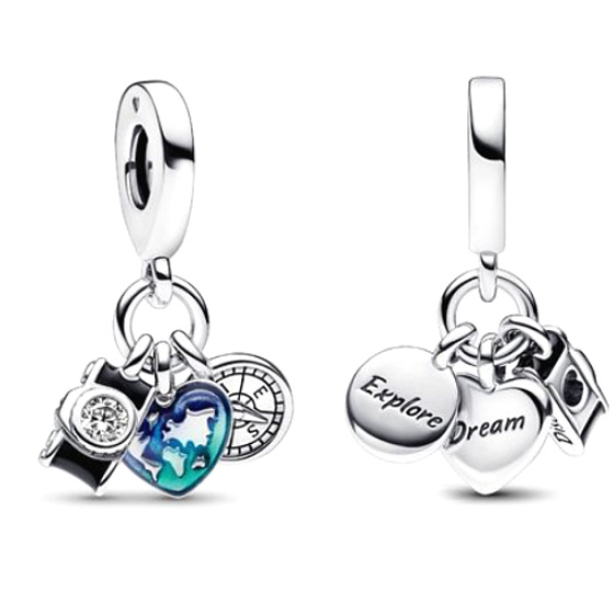 Charm Sterling Silber 925 Weltkarte in Herz, Kompass, Kamera 3in1, Reise-Armband-Anhänger