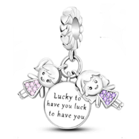 Charm Sterlingsilber 925 Geschwister Schwestern Ich habe Glück, dich zu haben 3-in-1, Anhänger für Familienarmband