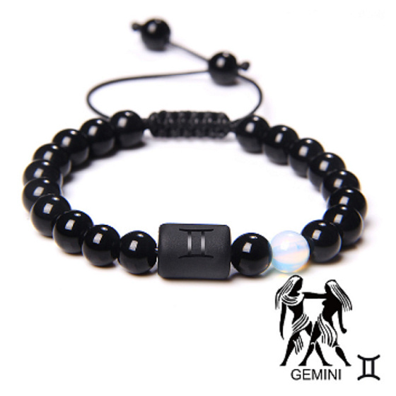 Onyx Zwillinge Sternzeichen, Naturstein Armband, 8mm Kugel/ einstellbare Größe, Lebenskraft Stein