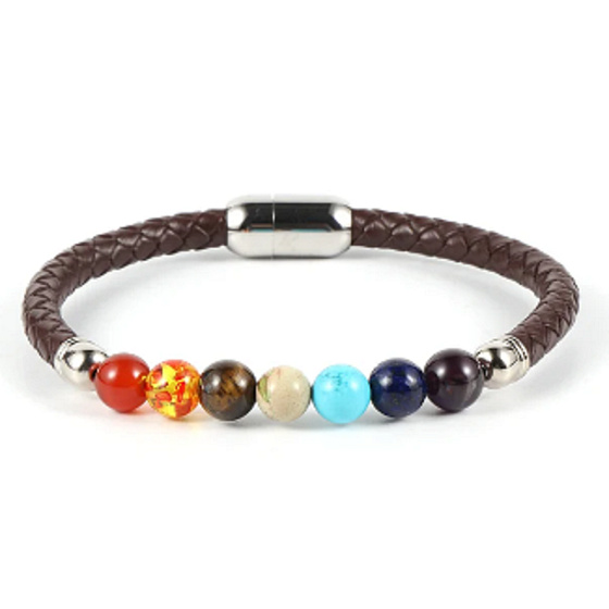 Chakra-Armband Naturstein Würfel, echtes dunkelbraunes Leder 20 cm mit silberfarbenem Verschluss
