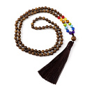 108 Mala 7 Chakra Halskette, Holzperlen Meditationsrosenkranz, Quaste 8,5 cm, Perle 6 mm