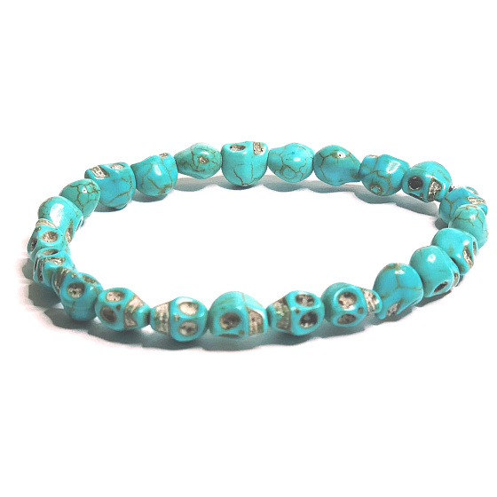 Tyrkenit Schädel handgeschnitzt Armband elastischer Naturstein 8 mm / 16-17 cm, Stein der jungen Menschen auf der Suche nach Lebenssinn