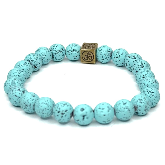 Lava grün-blau mit königlichem Mantra Om, Armband elastischer Naturstein, Kugel 8 mm / 16-17 cm, geboren aus den vier Elementen