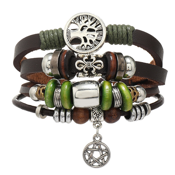 Mehrschichtiges Lederarmband, Symbol Baum des Lebens + Lilie + Davidstern, größenverstellbar