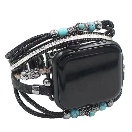 Apple Watch Armband Handmade Schwarz + Perlen, Größe 38/40/41 mm