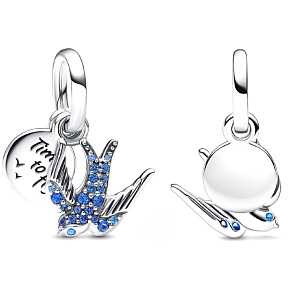 Charm Sterling Silber 925 Sparkling Schwalbe und Zitat, 2in1 Tierarmband Anhänger