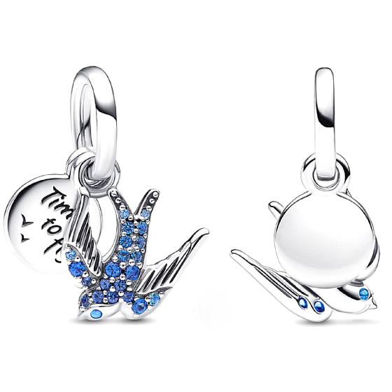 Charm Sterling Silber 925 Sparkling Schwalbe und Zitat, 2in1 Tierarmband Anhänger