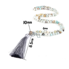 108 Mala Amazonit Halskette, Meditationsschmuck, Naturstein, graue Quaste 8,5 cm, Perle 6 mm