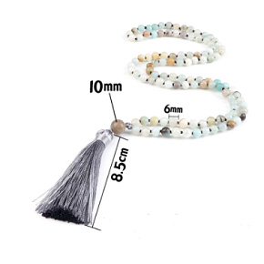 108 Mala Amazonit Halskette, Meditationsschmuck, Naturstein, graue Quaste 8,5 cm, Perle 6 mm